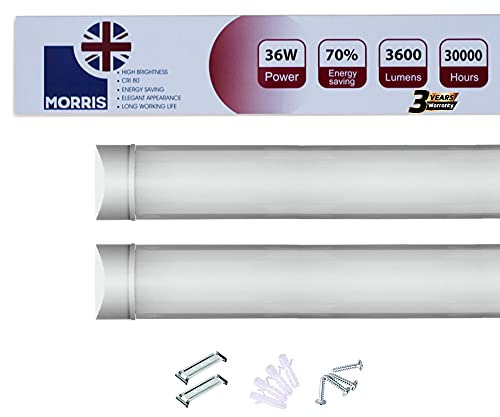 Morris 36w LED Batten Lights 4ft, 120cm, 4000k Natural White, IP20 LED Fluorescent Strip Light Fitting for Ceiling of Home & Office, Workshop & Garage Lighting, Pack of 2