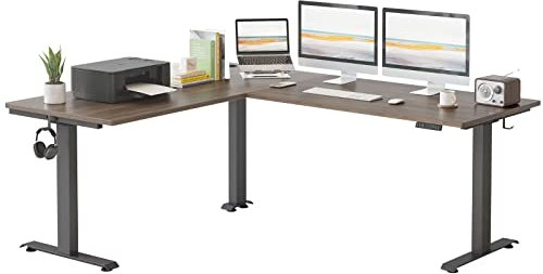 FEZIBO DREI Motoren Schreibtisch Höhenverstellbar Elektrisch, L Form Stehpult, Links und rechts austauschbar, 190 x 160 cm Stehschreibtisch eckschreibtisch, Schwarz Rahmen/Schwarz Walnuss Tischplatte