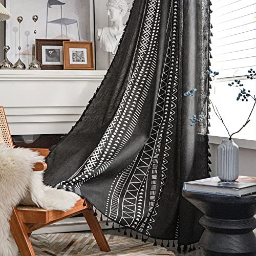 Tospass Vorhang Boho Blickdicht Gardinen Leinen Baumwoll Geometrisch Halbtransparente Vorhänge mit Quaste 2er set Landhausstil Vintage Gardienen für Wohnzimmer Schlafzimmer Curtains 150x160 cm Schwarz