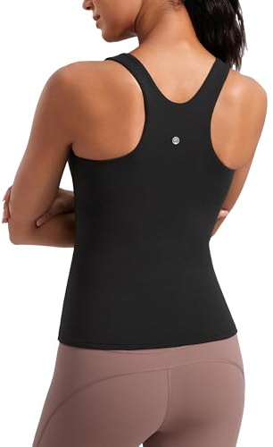 CRZ YOGA Butterluxe Workout Tank Tops for Women - Racerback Padded High Neck Yoga Athletic Shirt with Built in Bra Black Large
