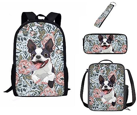 Belidome 4-teiliges Schulrucksack-Set für Kinder, Lunch-Tasche, Federmäppchen, Schlüsselanhänger, Goofy Boston Terrier, Einheitsgröße, Kinderrucksack