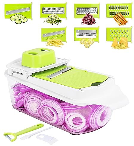 Gemüseschneider Gemüsehobel mit 7 Klingen aus Edelstahl, Gemüsehobel Multischneider, Gemüse Schneider Manuell für Obst und Gemüse, Vegetable Chopper Grüner