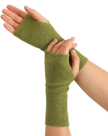 Prettystern Gerippte Damen 100% Kaschmir Fingerlose Pulswärmer handgelenk-wärmer HandStulpen Cashmere Halb-Handschuhe Grün
