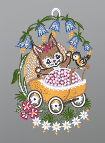 Plauener Spitze Fensterbild Hasenbaby im Kinderwagen (Bx H) 15cm * 24cm Mehrfarbig Fensterdekoration Fensterschmuck