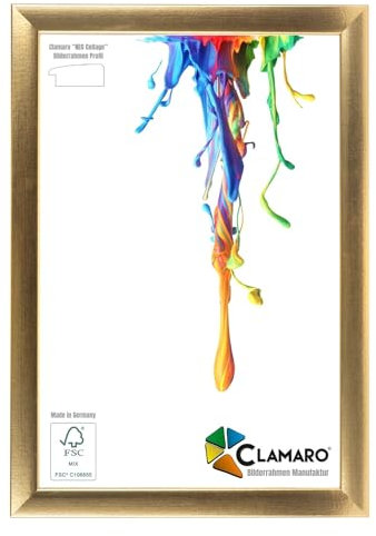 CLAMARO Neo Collage Cadre photo 80 x 120 cm - Fait à la main - Sur mesure - En bois MDF - Avec verre acrylique et crochet de suspension en métal - Doré