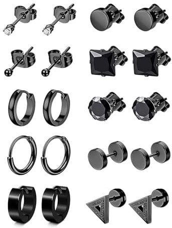 XOEMEL 10 Paar Ohrringe Set für Herren Hypoallergen Ohrstecker Chirurgenstahl Ohrstecker Schwarz Ohrringe für Mehrere Ohrlöcher Zirkonia Creolen Ohrstecker Set Tragus piercing Silber für Herren Damen
