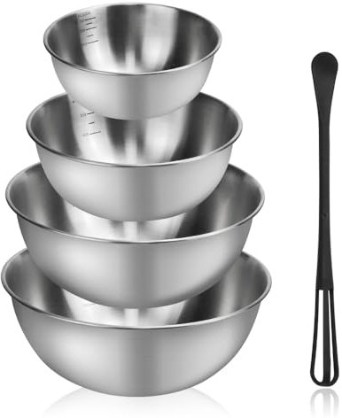 ADERTOS 4PCS Bols Mélangeurs en Acier Inoxydable Bol à Mixer en Inox Cul de Poule Inox Saladier Inox Antidérapant Bowl de Mélange Saladier en Métal avec Bâtonnet à Remuer pour Cuisson et Pâtisserie