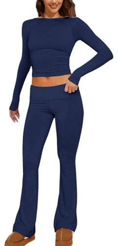 Briskorry Zweiteiler Damen Lounge Set Y2K Langarm Crop Top mit Low Rise Flare Pants Slim Fit Trainingsanzug Jogger Anzug Yoga Outfit Rundhals Loungewear Schlafanzug