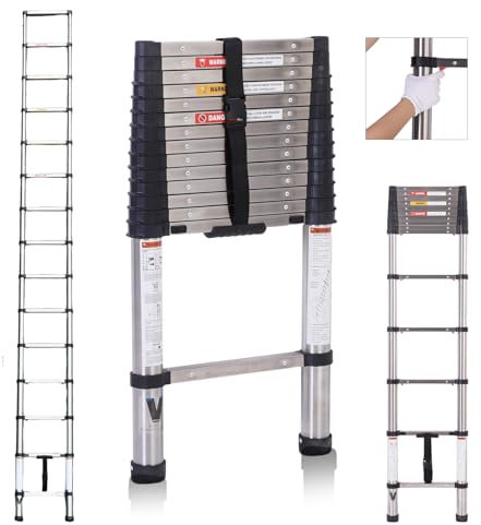 Teleskopierbare Leiter 4.4m,BOWEITI Erweiterung Schritt Leiter EIN-Knopf-Retraktion, Edelstahl zusammenklappbare Leiter Slow Down Design für Home RV Loft, 330 lbs Max Kapazität