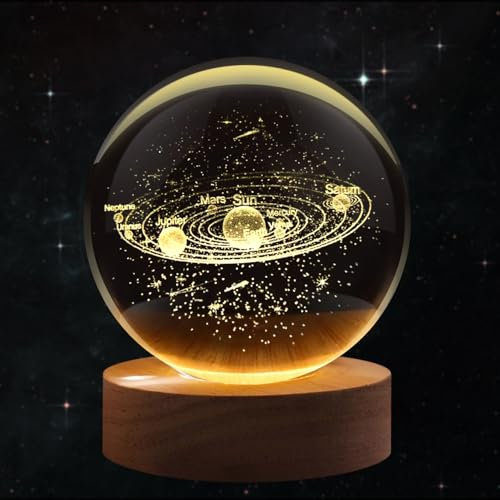 Flexzion 3D Solar System Crystal Ball Night Light - LED Light Hologram Glass Lamp with Solid Wood Base, USB Powered Crystal Ball Lamp w/Adjustable Brightness for Home Decor Display Gift,2.4inch(60mm)