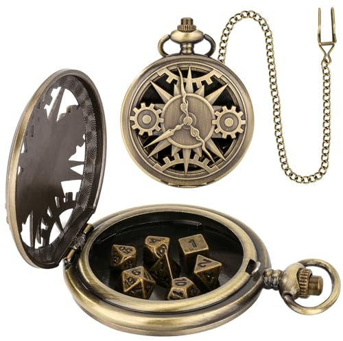 Mini DND Würfel Set mit Hohlem Steampunk Taschenuhr Gehäuse aus Bronze, 7-teiliges D&D Würfelset aus Polyedrischem Metall, DND Geschenke mit Geschenkbox, Rollenspiel-Brettspielzubehör Würfel