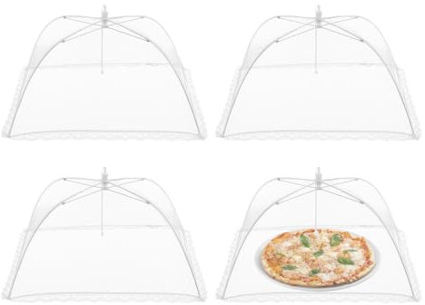 Dzmuero Fliegenschutz essen, 4 Stück Fliegenhaube obst, Fliegenhaube faltbar, Faltbare Küchenabdeckung, Obstabdeckung für draußen, Eleganter Spitzenrand, Verhindert Fliegen, Insekten (Weiß, 32*32cm)