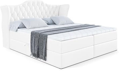 ALTDECOR Boxspringbett mit Matratze und Lattenrost, Boxbett, Topper, Polsterbett mit Bettkasten, Bett mit Stauraum H4-Matratze, Doppelbett, Springboxbett - Vila - 120x200 - Weiß Kunstleder