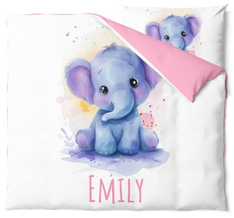 Pictogogo Wasserfarben Elefant-Design Babybettwäsche mit Namen, Personalisiert, Wählbare Baumwollunterfarbe (Weiß, Rosa, Blau, Grau), Oeko-TEX, 80 x 80 cm