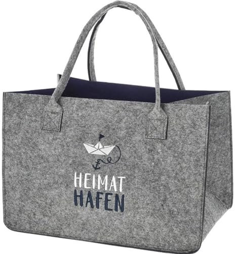 Geschenkestadl Maritime Filztasche Strandtasche Einkaufstasche Aufbewahrungstasche 40cm in Grau mit Stickerei Heimathafen