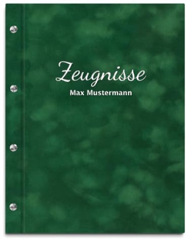 Handgefertigte Zeugnismappe mit eigenem Namen in grüner Samtoptik – inkl. 12 Sichthüllen – Mappe für Zeugnisse und Urkunden