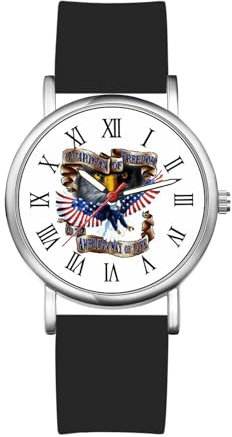 JewelryWe Damenuhr Silikon Uhr Damen: US Unabhängigkeitstag Amerikanische Flagge Adler Analog Quarz Armbanduhr Frauen Schwarz Gummi Armband Uhr mit römischen Ziffern Zifferblatt & Silber Gehäuse