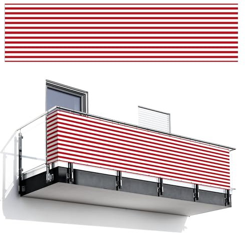 MuchoWow© Balkongeländer Sichtschutz Einseitig 130x500 cm Groß PVC Garten Windschutz Seitlich ohne Bohren Wetterfest Zaunsichtschutz Terrasse Balkon Abdeckung Muster - Streifen - Rot - Weiß