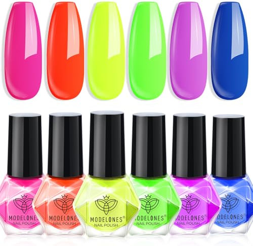 Modelones Nail Polish Set 6 Colors Neon Red, Purple, Green Nail Polish Quick Dry Nail Varnish Manicure DIY Nail Art Salon Home