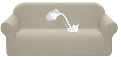 Granbest Stretch Wasserdicht Sofabezug 1 Stück Sofahusse Spandex Jacquard Elastische Couchbezug mit Anti-Rutsch-Schaumstoffe (3 Sitzer, Sand)