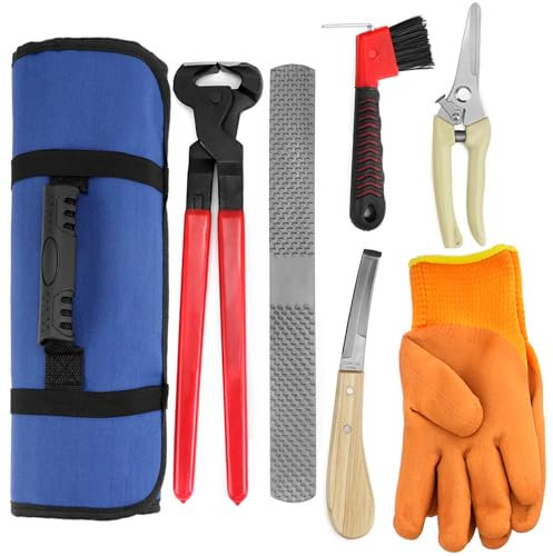 QWORK® 6tlg. Professionelle Hufschmied Werkzeuge Kit mit Rolltasche - Huf Trimmer Schere, Hufmesser, Hufschneidezange, Hufraspel Datei, Reinigungsbürste und Handschuhe