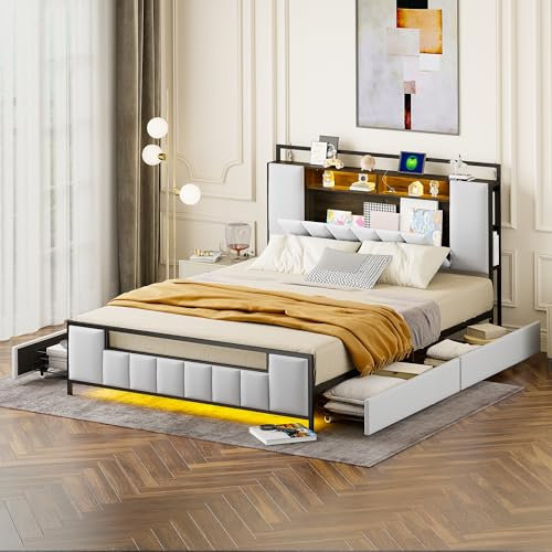 Merax Metallbett 160 x 200 cm, Bettgestell mit LED-Licht, USB-Anschluss, Industriestahl für Erwachsene, Jugendliche, Kunstleder, Weiß (ohne Matratze)