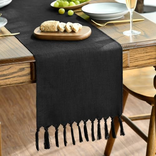 Artoid Mode Schwarz Landhausstil Quasten Tischläufer, Waschbar Küche Tisch Dekoration Party Geburtstag Hochzeit Dekor 33x243 cm