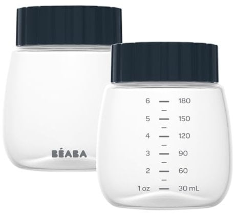 BEABA, 2er-Set Sammel- und Aufbewahrungsflaschen für BEABA Doppel- und Einzelmilchpumpen, Kapazität 180mL, Gefrierschrank, Kühlschrank, genaue Skala, 2x180mL