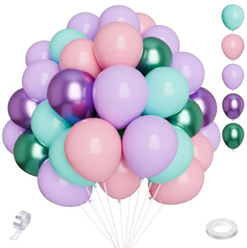 Luftballons Rosa Lila Türkis Grün 65 Stück 12 zoll 5 zoll SKYIOL Latex Ballons Meerjungfrau Macaron-Farben Metallic Ballons mit Streifen für Geburtstag Hochzeit Baby Shower Taufe Ostern Deko