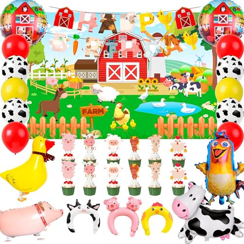 Bauernhof Geburtstag Deko,35 Pcs Bauernhoftier Geburtstags Dekoration Set Bauernhof Deko Luftballons, Bauernhoftiere Ballons Banner Hintergrund etc Barnyard Geburtstagsparty Zubehör