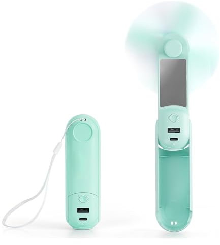 Gerbala Mini Ventilador 5 en 1, Ventilador de Bolsillo Recargable por USB, 30 Horas de Trabajo, Banco de Energía, Linterna, Espejo, Soporte para Teléfono Móvil, Ventil-ador Portátil de Mano (Verde)