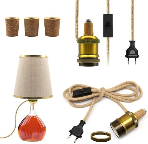 Adaptateurs pour Lampes Bouteille, 2 Pièces Douille Ampoule E27 en Laiton avec 2.4 M Câble en Ficelle et Interrupteur, Kit Lampe de Bouteille, Support de Lampe en Céramique E26, 3 Types de Liège