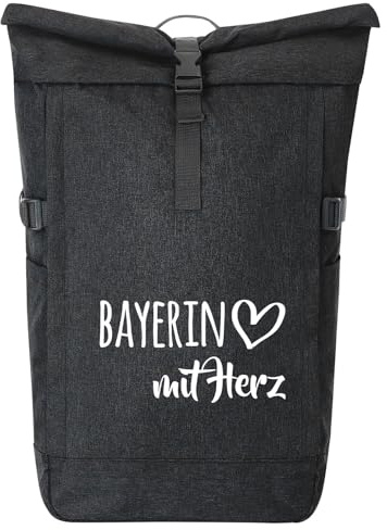 Huuraa Kurierrucksack Bayerin mit Herz 30-44 Liter Black Melange Fairtrade Rolltop Rucksack Geschenkidee