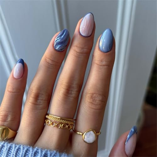 Lot de 24 faux ongles courts ovales à presser Bleu foncé Paillettes Décoration d'ongles French Aurora Manciure pour femmes et filles