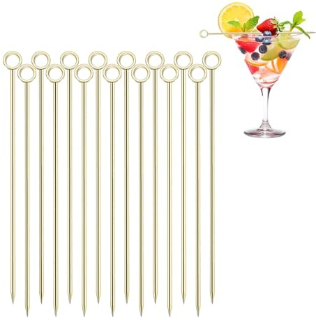 LINMOIJN 15PCS Cocktail Sticks, Cocktail Toothpicks Reusable Stainless Steel Skewers Decorative Sticks for Bloody Marys, Mojitos, BBQ Snacks, Appetizers, Fruit Skewers, Sandwiches (Gold)