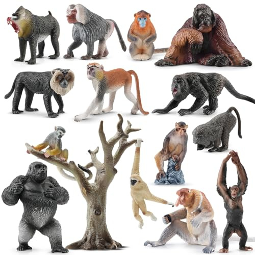 TOYMANY 15 Stück Affen Tiere-Figuren und Baum,Orang-Utan-Figuren Set | realistische Dschungel-TierFiguren inklusive Gorilla,Schimpanse,pädagogisches Spielzeug, Weihnachtsgeburtstagsgeschenk deko