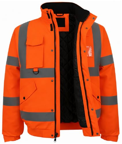 SBZ Hi Vis Waterproof Bomber Jacket Safety Workwear High Viz Visibility Security Concealed Hood Fluorescent Flashing Hooded Padded Waterproof Coat