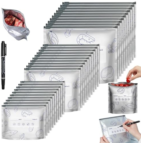 Gefrierbeutel Wiederverwendbar, 61-teiliges Set Gefrierbeutel mit Zipper, 60 Stück Freezer Bags Verschiedene Größen (29x26cm, 23x17cm, 20x13cm) mit Stift, Aufbewahrungsbeutel für Kühlschrank und Küche