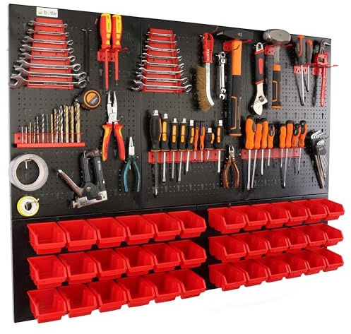botle® Werkzeugwand Lochwand aus Metall, Stapelboxen + Wandregal + Werkzeughalter 63-tlg Set, Kleinteilelager, Wandwerkstatt mit 36 stapelbaren Rot Behältern, Hängeregal Sortierregal