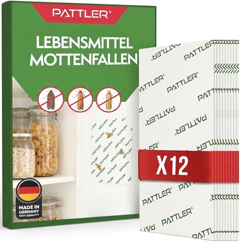 PATTLER Mottenfalle Lebensmittel mit Pheromon – 12er Set. Klebefalle Gegen Lebensmittelmotten mit starkem Leim für Küche & Vorratsschrank, Diskret & sicher