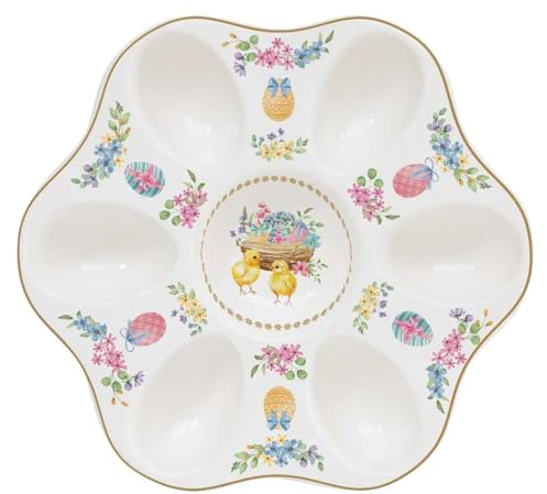 Home of Christmas Oster-Eierteller aus Porzellan, 21 cm – Servierplatte für 6 Eier mit Küken-Motiv & Blumen-Dekor – Edle Eierplatte mit gewelltem Rand für Frühstück & Ostertafel (Eierteller 21 cm)