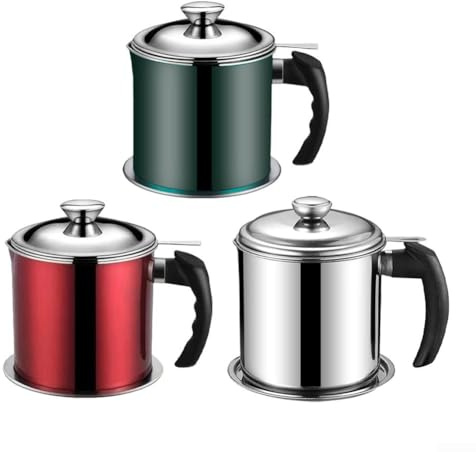 Contenedor de grasa de acero inoxidable con colador de malla, recipiente de aceite reutilizable de 0.3 L y taza de filtro para cocinar en cocina, recipiente de aceite apto para lavavajillas (rojo)