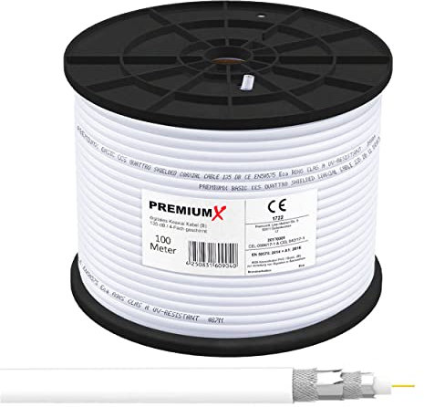 Premium X 100m BASIC Koaxialkabel 135dB 4-fach geschirmt CCS Kupfer-Stahl Koaxkabel Antennenkabel Digital SAT TV Kabel RG6 Class A