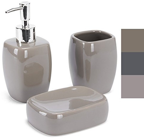 MSV Bad Accessoires Keramik 3-teilig - Seifenspender, Seifenschale, Zahnputzbecher Taupe