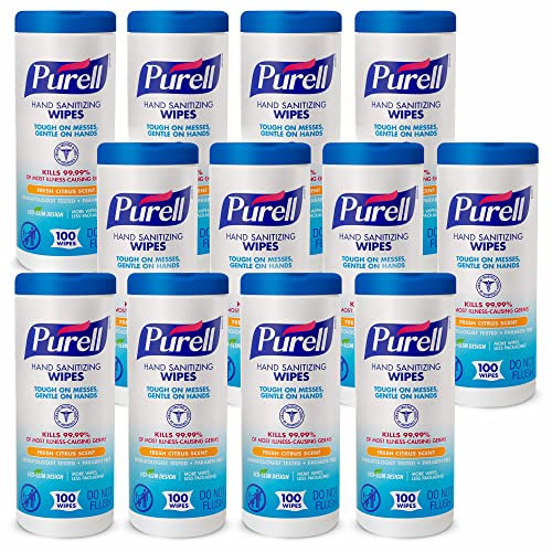 PURELL Hand Sanitizing Wipes, Fresh Citrus Scent, 100 Count Non-Linting Wipes Eco Slim Wipes Canisters (Case of 12) - 9111-12
