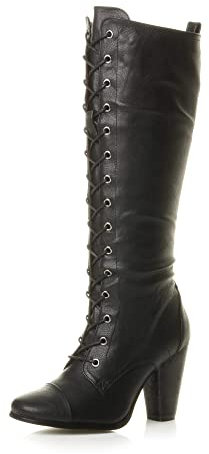 AJVANI high chunky heel lace up calf knee military biker boots size 6 39