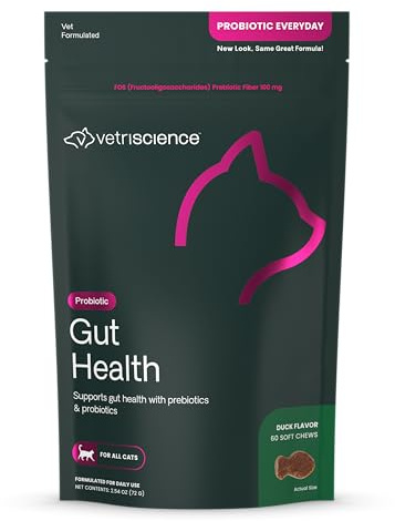 VetriScience Gut Health Chews, Probiotic Everyday Digestive Supplement for Cats, Pet Probiotics for Digestion Support, Gas and Diarrhea, Immune Support, 120 Million CFU Per Chew, Duck, 60 Count