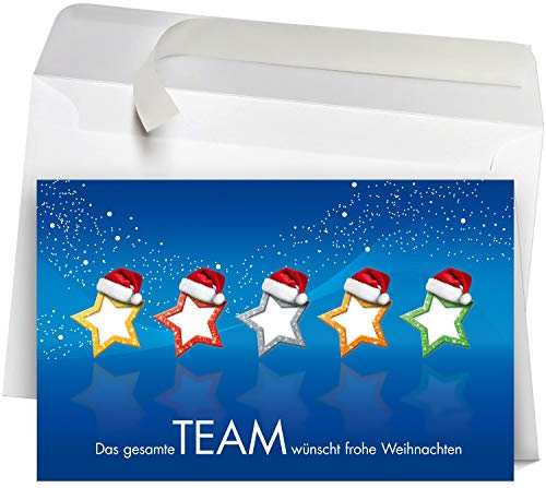 50 Premium Weihnachtskarten mit Umschlag Set für Firmen, hochwertige Klappkarten 19 x 12 cm groß, Team Sterne blau