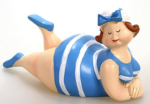 Badenixe mit Kopftuch - blau - liegend 13 cm im gestreiften Badeanzug für Tisch Kommode Schrank Mädchen Rubensfrau mollige Dame Dicke Frau Badezimmer Figur