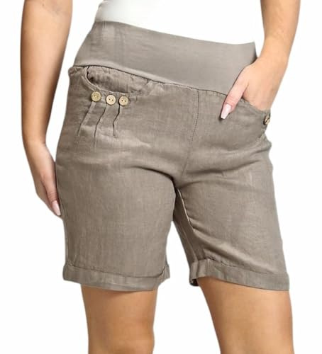Mississhop Damen Leinenshorts Bermuda lockere Kurze Hose Freizeithose 100% Leinen Shorts Elegante Haremshose mit Knöpfen Sommer Strand